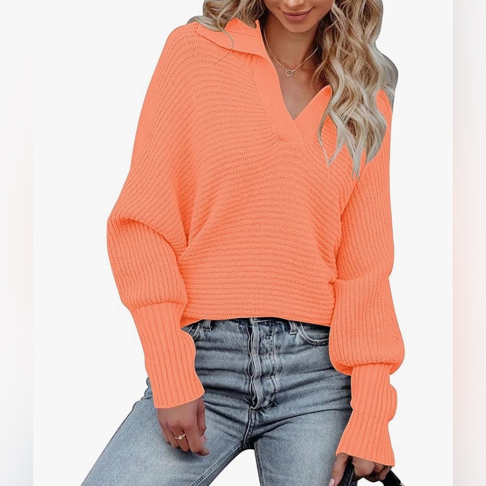 Merokeety V Neck pullover batwing sweater, salmon